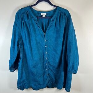 J. Jill Pure Jill Linen V Neck Button Front Tunic Top Teal Women's XL Beach Boho